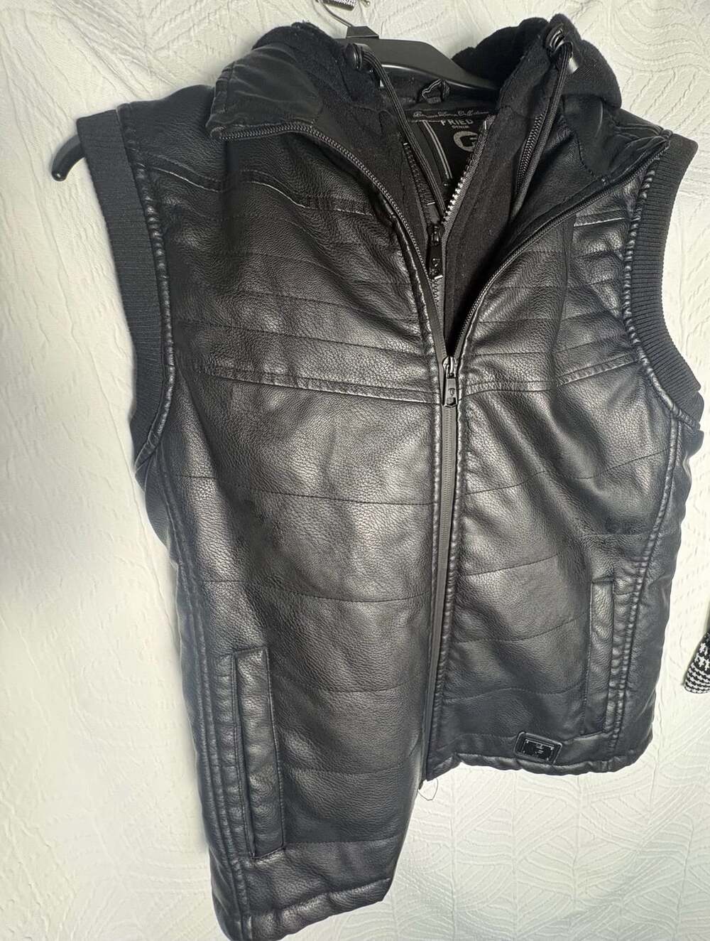 Fried Denim Black Faux Leather Puffer Vest With Hood